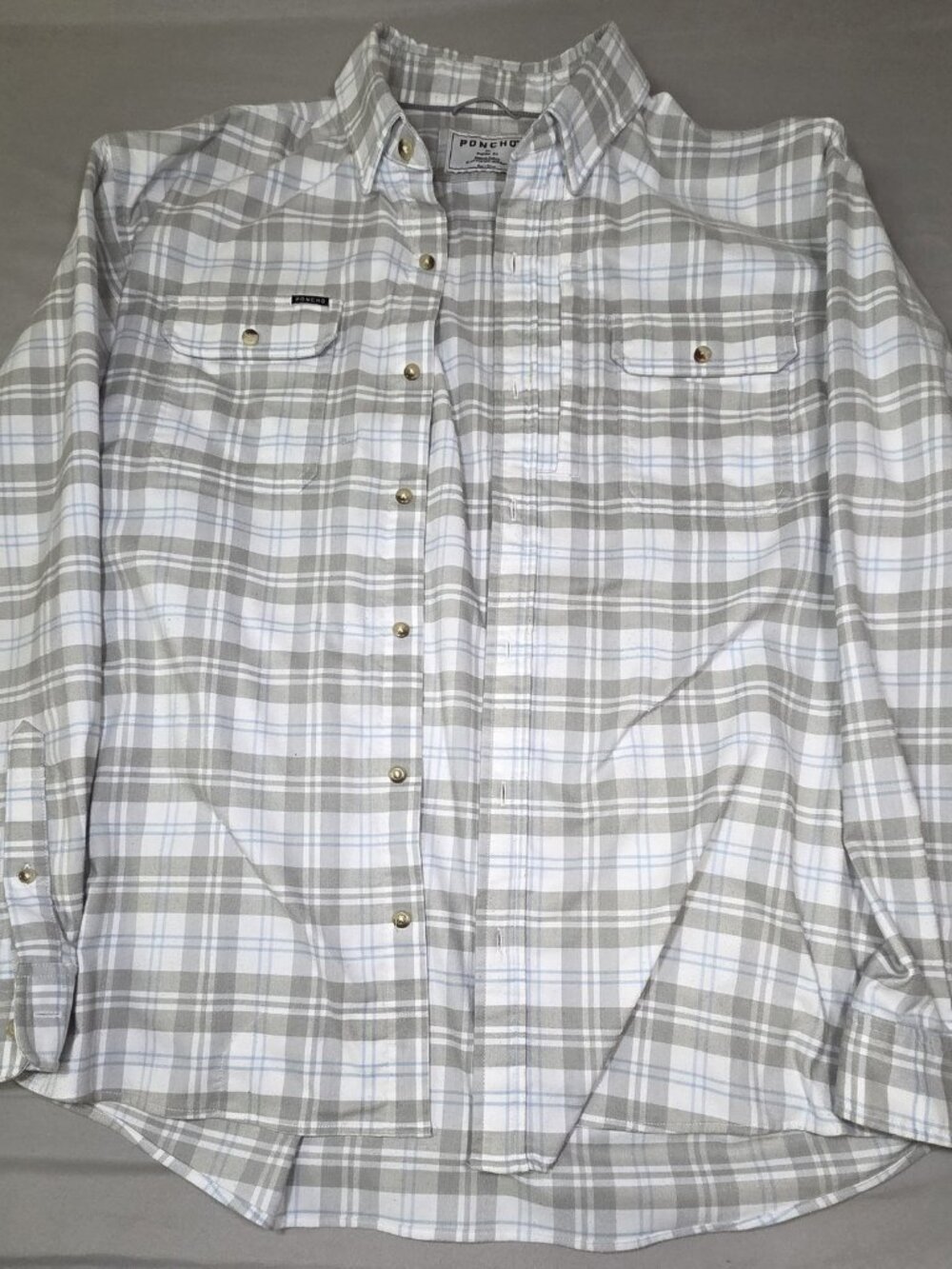 Poncho White Gray Plaid Button Down Shirt Magnetic Pocket Buttons Mens XL